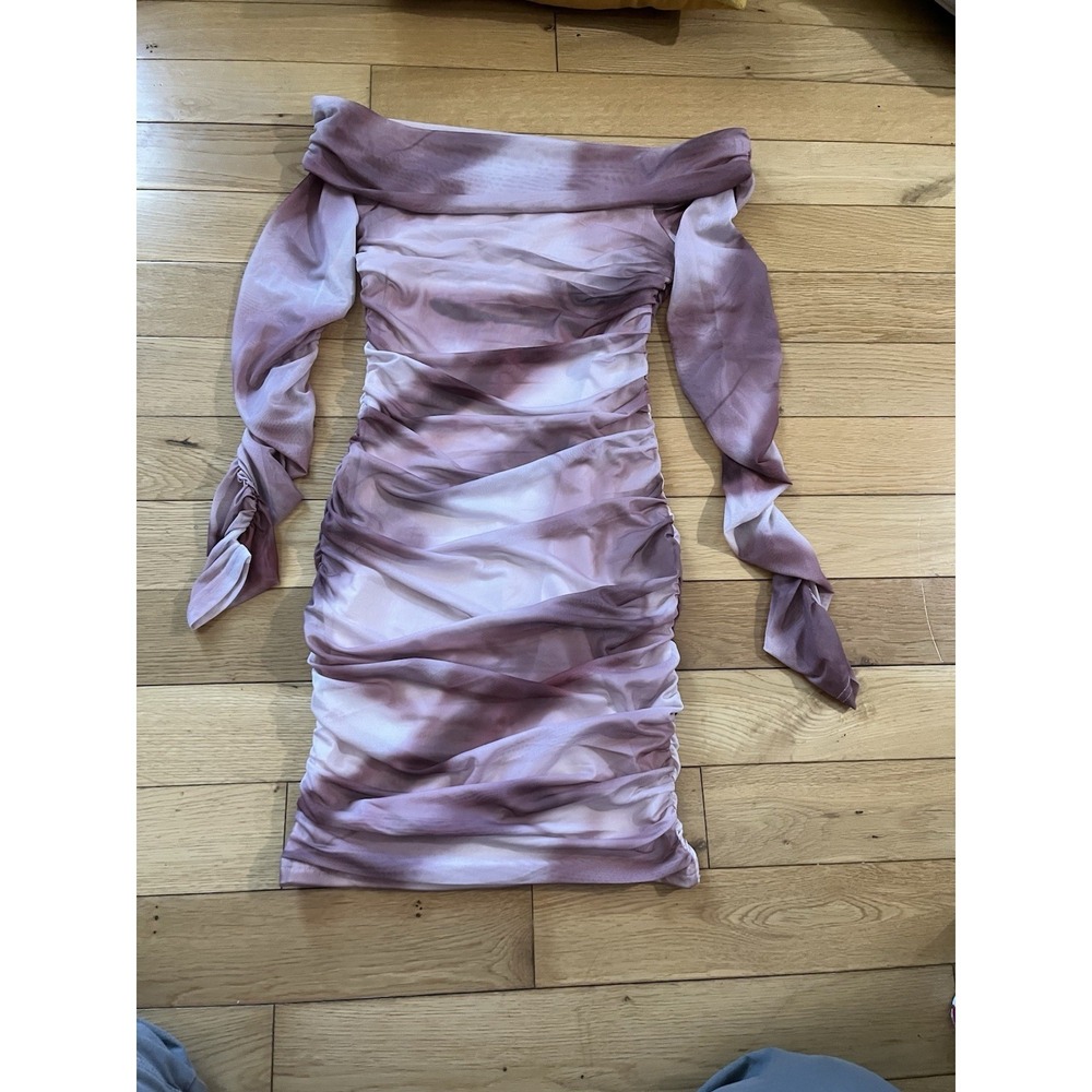 NWT Abmoiu Tie-Dye Off-Shoulder Ruched Dress with Long Sleeves Size Small
